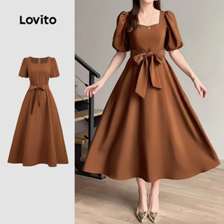 Lovito  เดรสผู้หญิงสีน้ําตาลซิปลูกไม้สําหรับฤดูใบไม้ผลิ/ฤดูร…