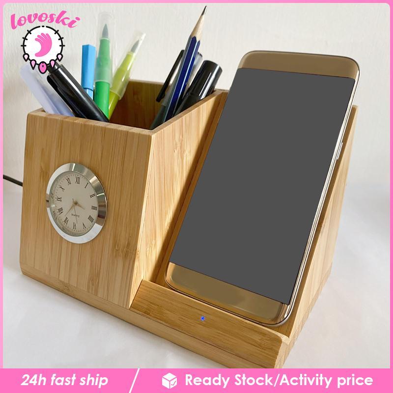 [Lovoski] ที่ใส่ปากกานาฬิกา W/ 10W โต๊ะไม้ไผ่สถานีชาร์จโทรศัพท์อุปกรณ์มัลติฟังก์ชั่น
