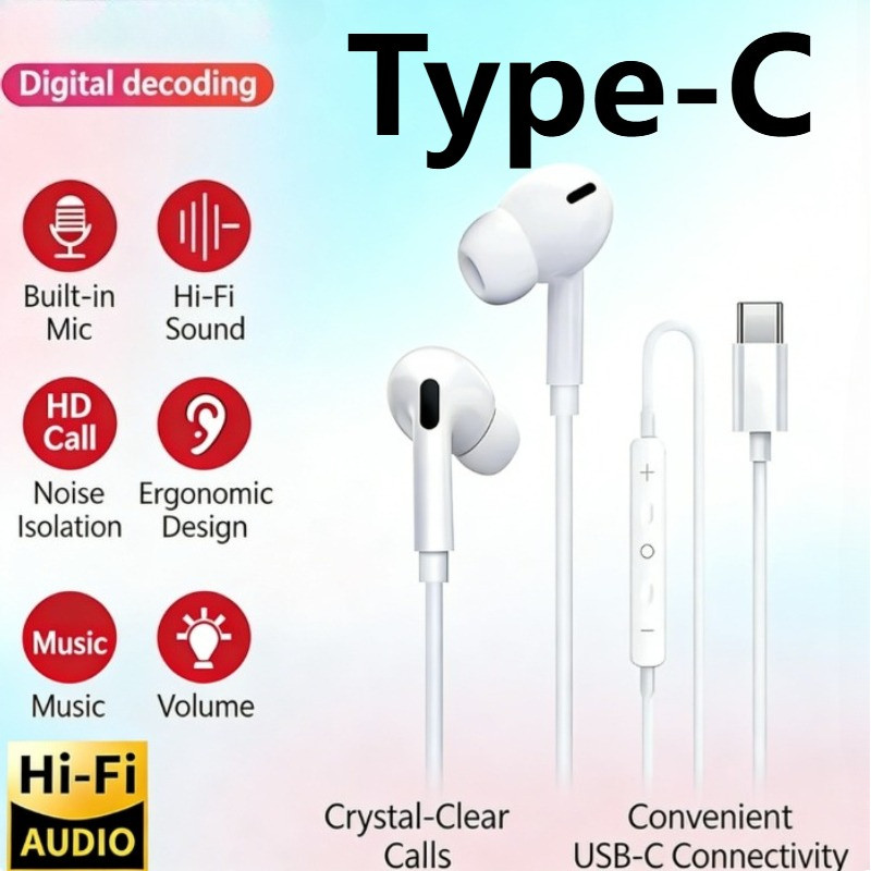 ประเภท C หูฟังแบบมีสายสําหรับ OPPO A6 A6T A6X A6S Pro A6Pro A6TPro 4G 5G 2026 HiFi สเตอริโอพร้อมไมโค