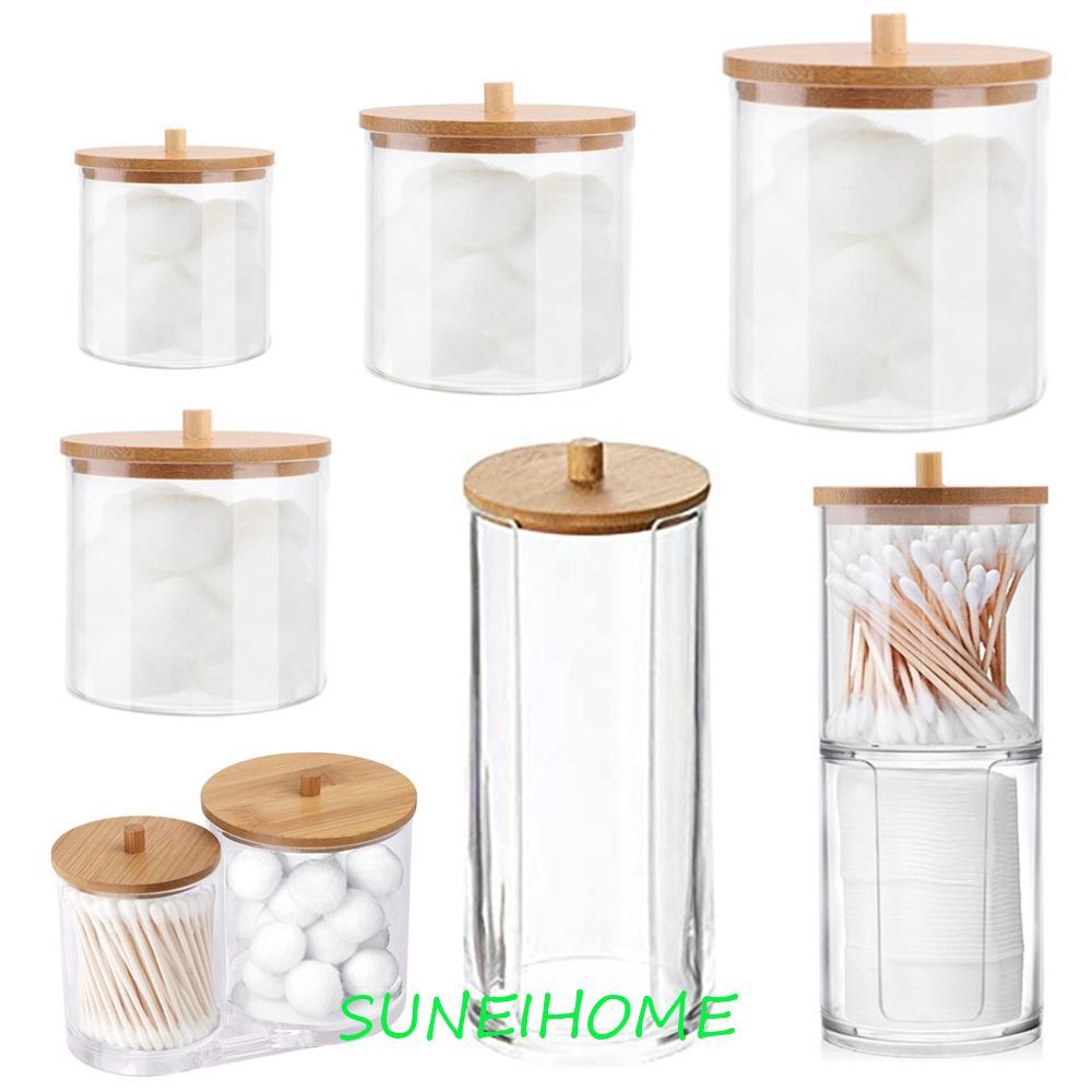 SUNEIHOME Qtips ผู้ถือสําลีพร้อมฝาปิดไม้ไผ่แต่งหน้าคอนเทนเนอร์ Candy Cotton Ball Dispenser