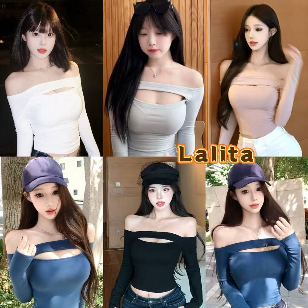 พร้อมส่งในไทย เสื้อยืดปาดไหล่ แขนยาว ทรงสลิมฟิต สไตล์หวานเซ็กซี่ ผ้ายืด ใส่สบาย มี 5สี Lalita