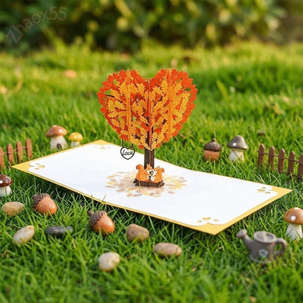 ZHAOX การ์ดวันวาเลนไทน์, การ์ดป๊อปอัพคู่กระรอกหัวใจ, การ์ดครบรอบ Oak Tree Pop-Up Design Heart Tree C