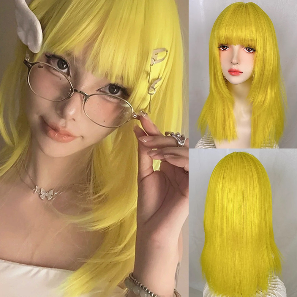 Synthetic Long Straight Yellow Women Wigs with Bangs Fluffy Lolita Cosplay Heat Resistant Wig for Da