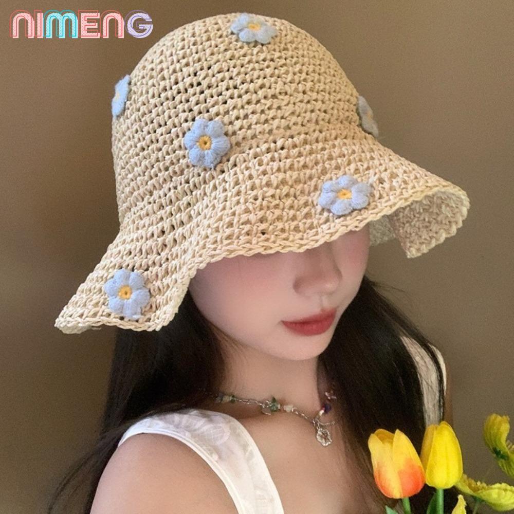หมวกฟาง NIMENG, หมวกปานามาป้องกันรังสียูวีแบบพับได้, ดอกไม้เล็กๆระบายอากาศได้น่ารักหมวกกันแดดกันแดดชายหาด