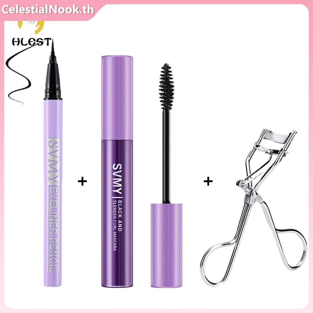 ชุดแต่งตา 2-in-1 สีม่วง 3 ชิ้น จาก Svmy: มาสคาร่ากันน้ำ + ที่ดัดขนตา + อายไลเนอร์สีดำ CelestialNook