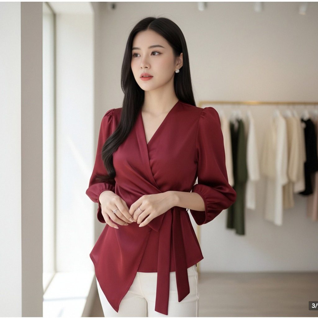เสื้อคอวีช่วยให้คอดูระหงทรงป้ายหน้าผูกโบว์ข้างเสริมความมั่ รูปที่ 3