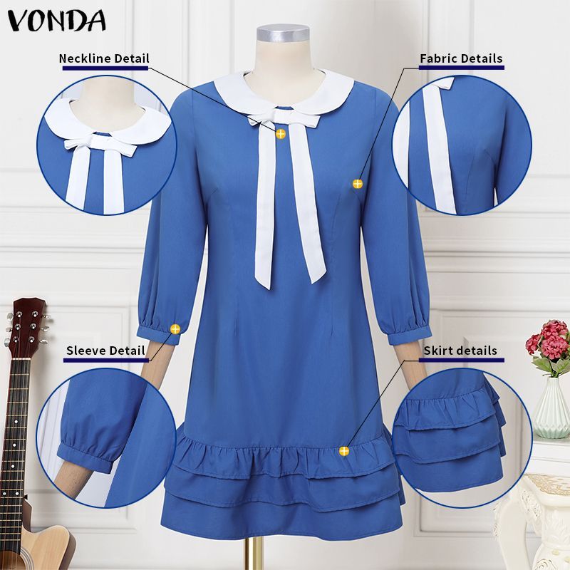 VONDA ชุดเดรสผู้หญิงสไตล์เกาหลี ดีไซน์ที่เรียบหรู มีโบว์และระบายหลายชั้น — صورة 7