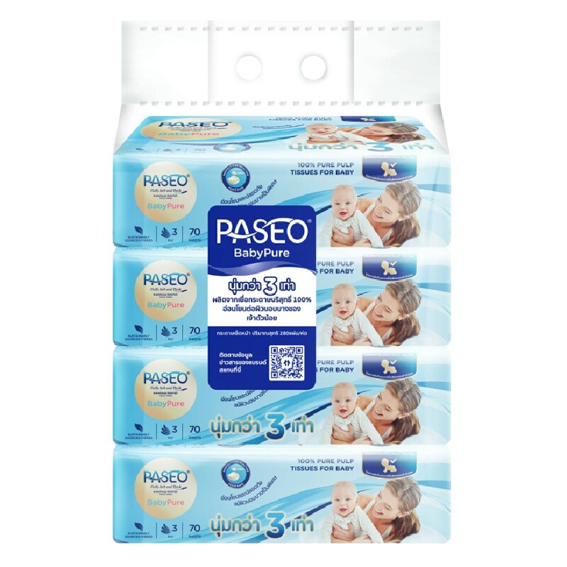 PASEO กระดาษเช็ดหน้า เบบี้เพียวซอฟท์แพ็ค 70 แผ่น แพ็ค 4 ห่อ