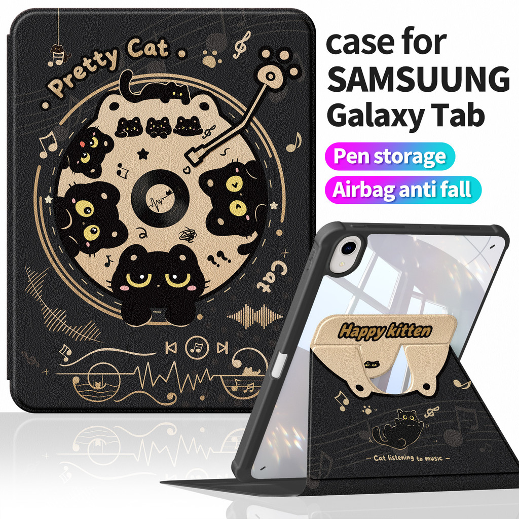 เคสหนัง PU ลายกราฟฟิตี สําหรับ Samsung Galaxy Tab S9 FE 10.9/S9 FE+ 12.4 นิ้ว | เปิด/ปิดอัตโนมัติ | รองรับ Tab S9 11 นิ้ว, S8 | อะคริลิค 360° รุ่น ก1447黑猫แผ่นเสียง片