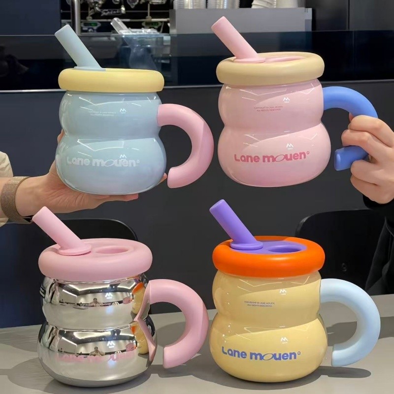 Lane Mouen Straw Cup ขวดน้ําความจุขนาดใหญ่ กระติกน้ําร้อนตั้งโต๊ะ สแตนเลส 316L