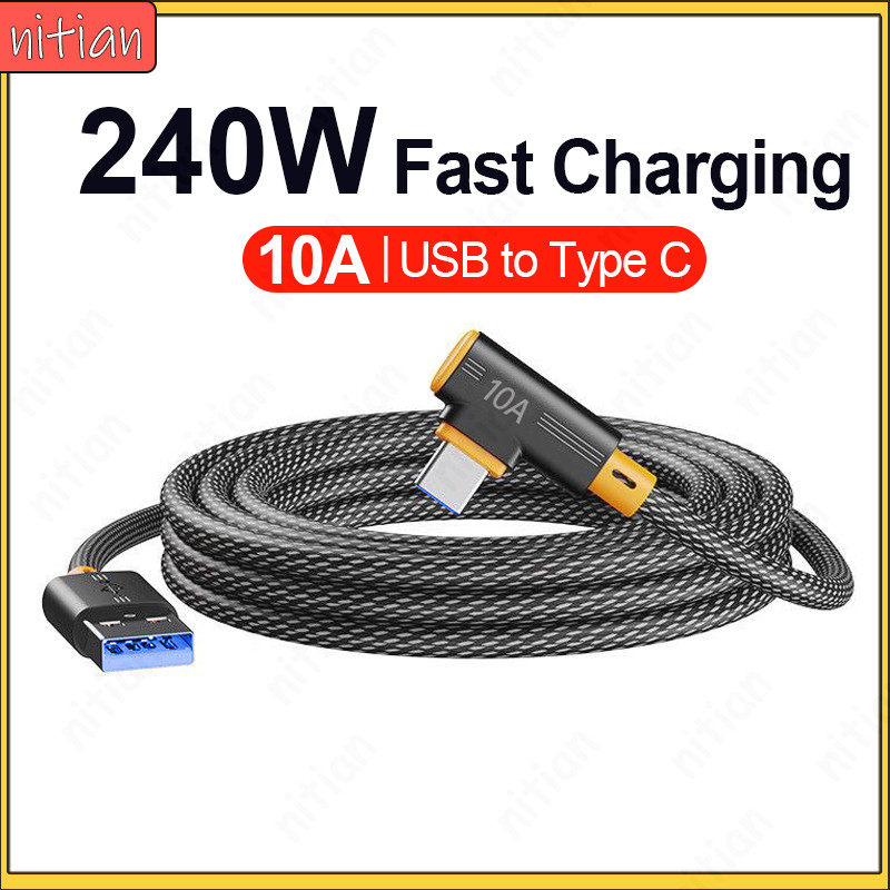 10A 90° ข้อศอก USB ถึง Type C สายเคเบิลข้อมูล 240W Super Fast ชาร์จสายถัก 0.25M 1M 1.5M 2M 3M สายไฟส่งข้อมูลสําหรับ Android