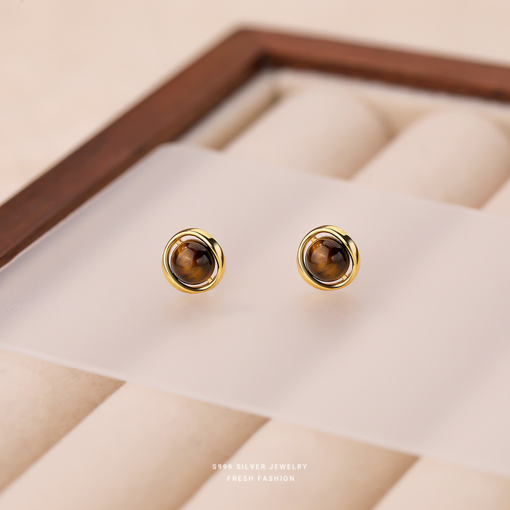 Retro Niche American Latte สไตล์ Tiger Eye Stud ต่างหูหญิง s999 เงินสเตอร์ลิง CelesIsle No4 MP2 CT3 
