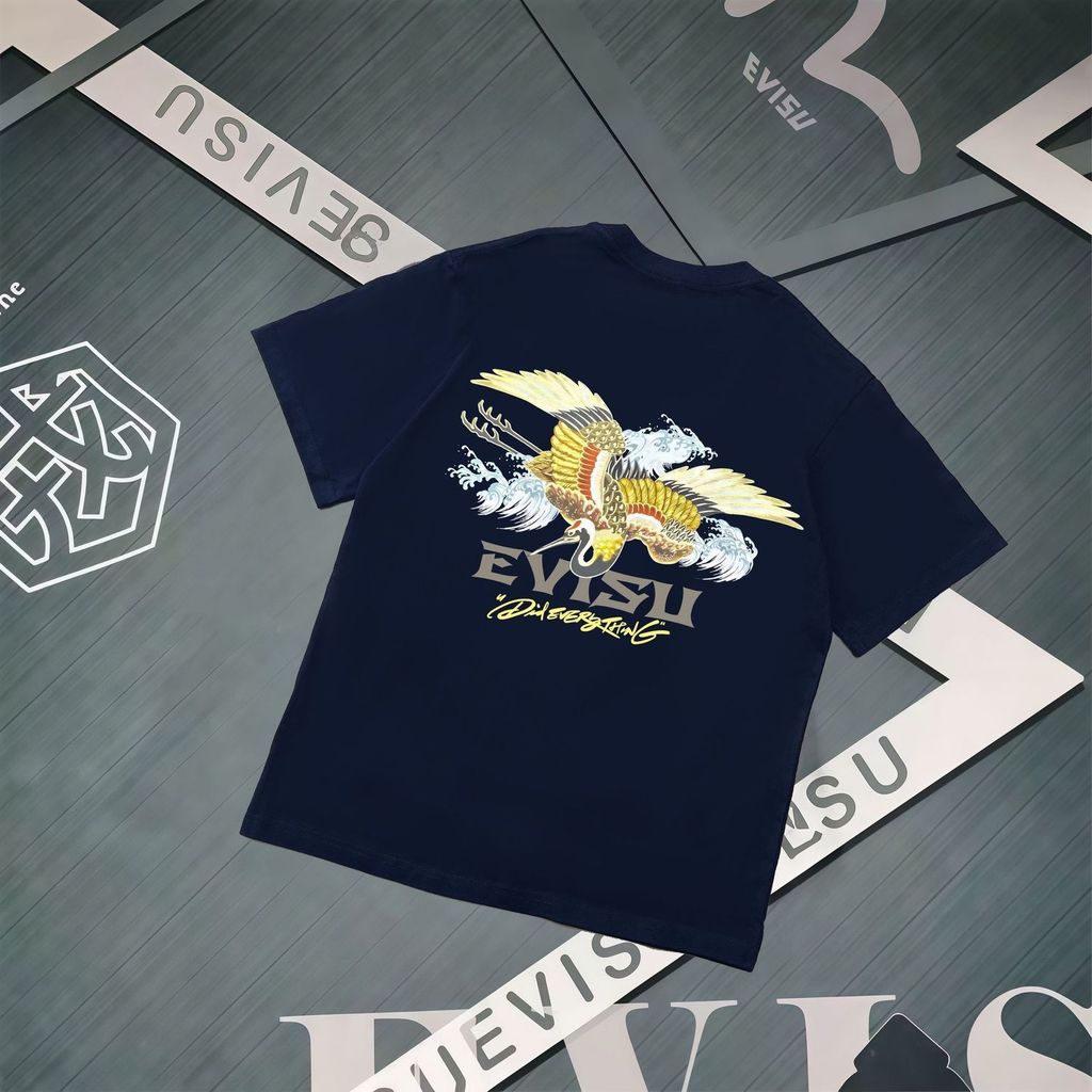 EVC สินค้าใหม่ Street Wear Crane Wave Letter พิมพ์ผู้ชายผู้หญิงสบายๆหลวมรอบคอแขนสั้นเสื้อยืด