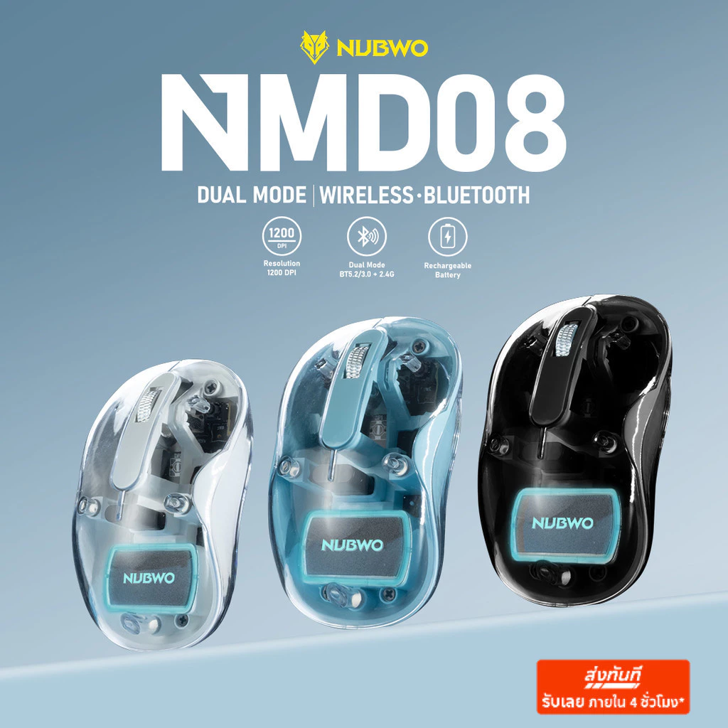 เมาส์ไร้สายคู่ใจสายทำงาน NUBWO NMD08 กรอบใส เชื่อมต่อง่ายมาพร้อม USB Type-A และ Type-C แบตอึด เสียบชาจสะดวก