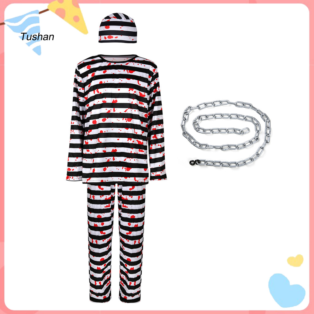 [Ts] Robe ชุดคอสเพลย์ Visually Appealing Prisoner เครื่องแต่งกาย 4 ชิ้นชุดนักโทษฮาโลวีนสําหรับผู้ใหญ