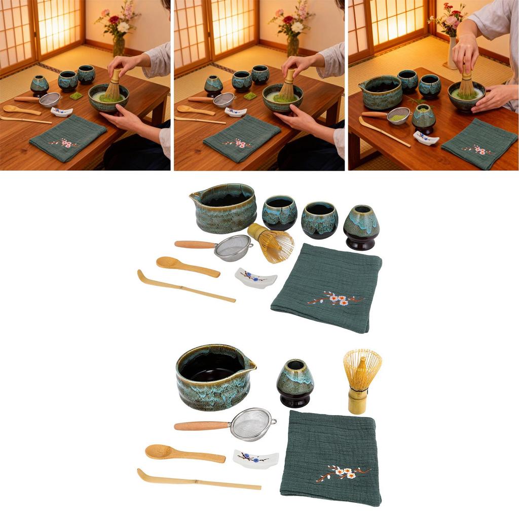 [mibum01eb] 10 ชิ้น Matcha Whisk ชุดพิธีชงชาญี่ปุ่นเซรามิค Matcha Bowl พร้อม Spout ช้อน Whisk Holder