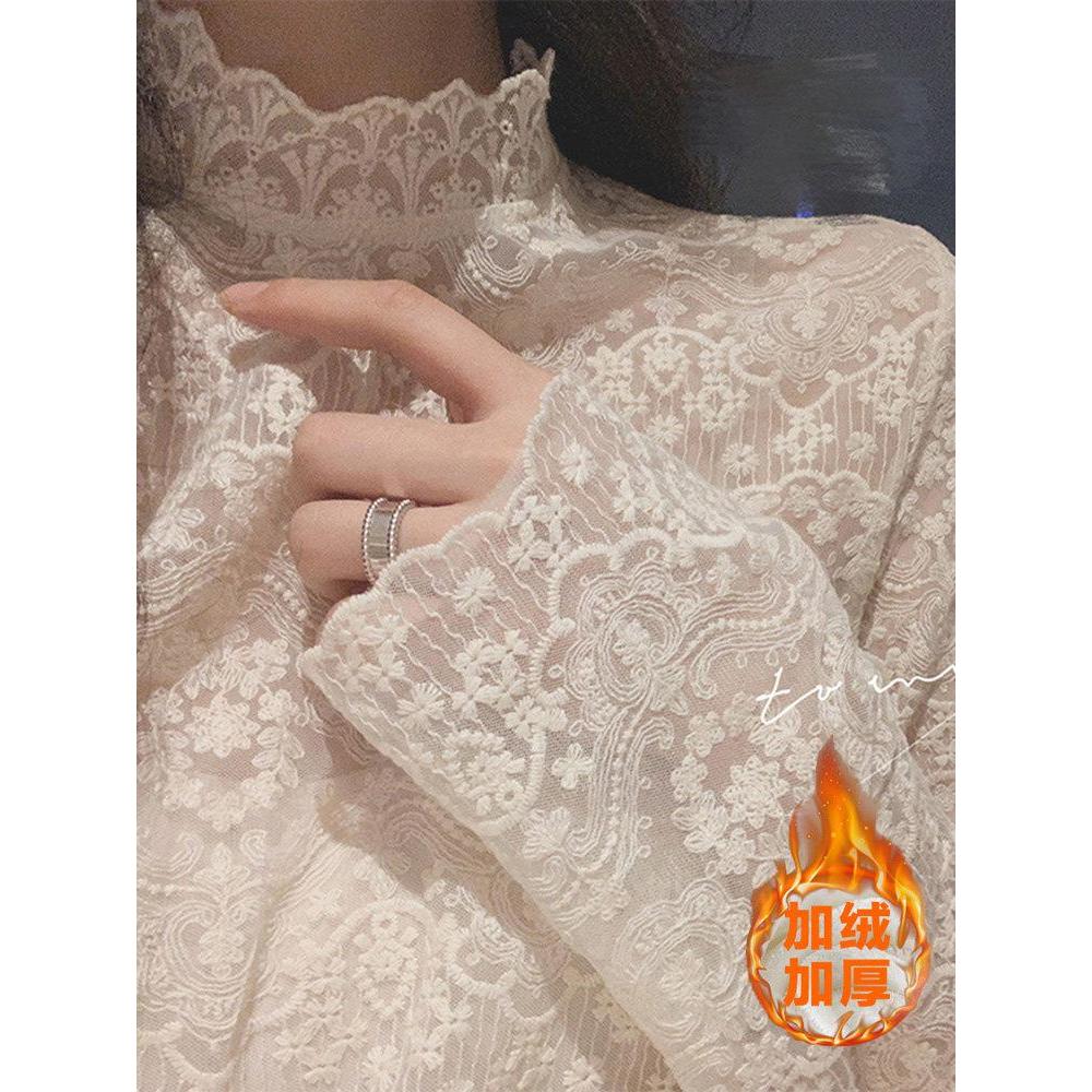 เสื้อลูกไม้ผู้หญิงฤดูใบไม้ผลิฤดูใบไม้ร่วงฤดูหนาว 2025 สไตล์ตะวันตกซับขนแกะหนาครึ่งคอเต่า จุดต่ําสุด 