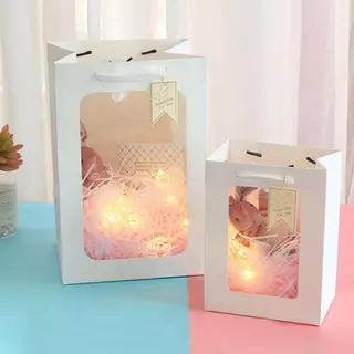 ถุงของขวัญกระดาษคราฟท์ หน้าต่างใส พรีเมียม ใส่มองเห็นของข้างใน เหมาะสำหรับตุ๊กตา ช่อดอกไม้