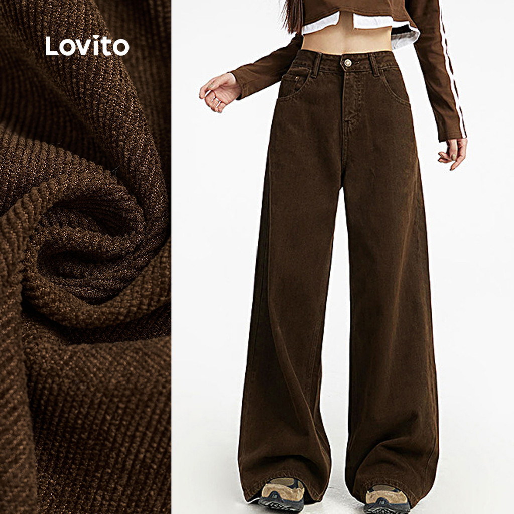 Lovito กางเกงผ้าสบาย กระเป๋าแนบ หลังเท้าสปริง/ฤดูร้อน สีน้ำตาล สำหรับผู้หญิง LBL26273