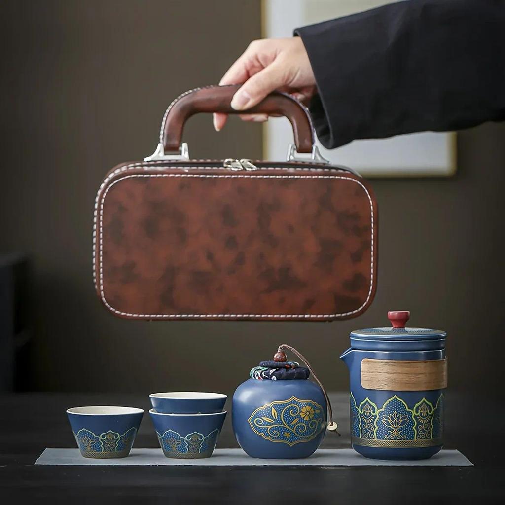 1Set-Travel Tea Set Portable Kung Fu Tea Set Ceramic Teapot Tea Canister Tea Cup Outdoor Quick Cup T