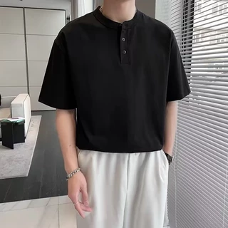 💥BecoolMan💥เสื้อยืดวินเทจสไตล์ญี่ปุ่น เสื้อคอปก Henry ทรงหลวม ลำลอง สีล้วน เรียบง่ายแมทช์ง่าย