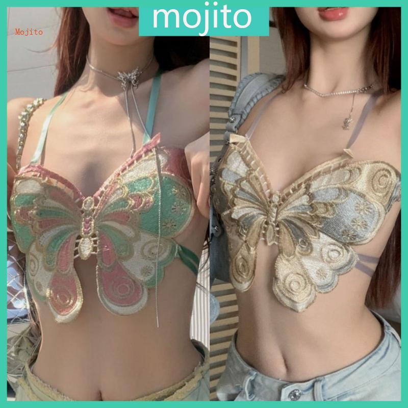 Mojito Elegant ผีเสื้อปัก Camisole Crop คอเปิดหลัง Crisscross Ties เสื้อปาร์ตี้