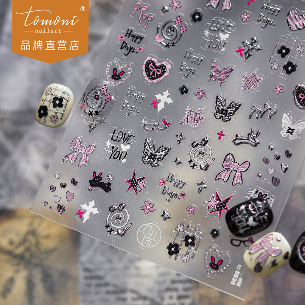 [Meow.sensei] tomoni Gilding สติ๊กเกอร์ติดเล็บ DIY สติ๊กเกอร์ติดเล็บสไตล์สีเข้มขายดีกระต่ายโบว์แต่งเล็บอุปกรณ์เสริมขนาดเล็ก