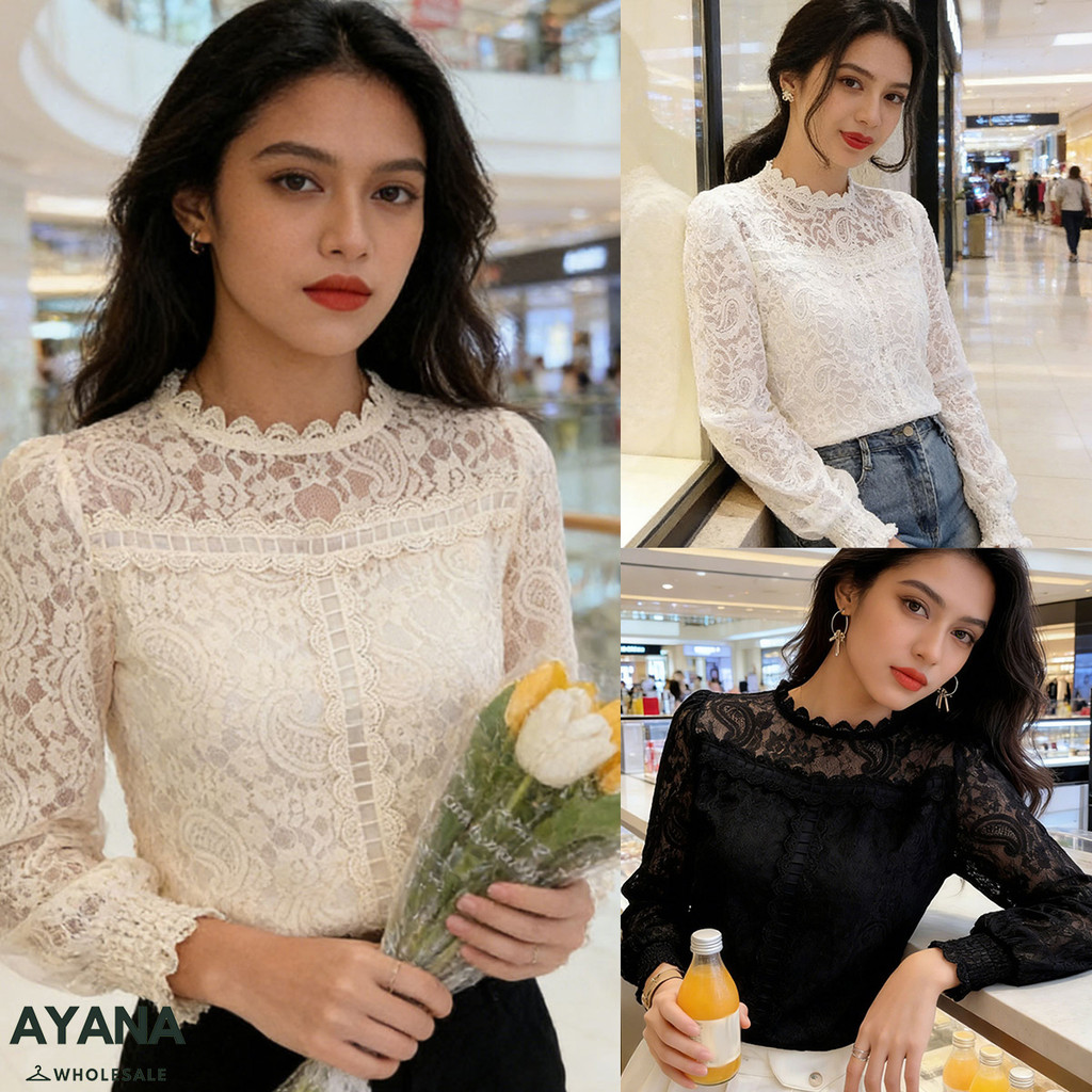 เสื้อเบลาส์แขนยาวลูกไม้ เนื้อผ้าหรูหรา สวมใส่สบาย