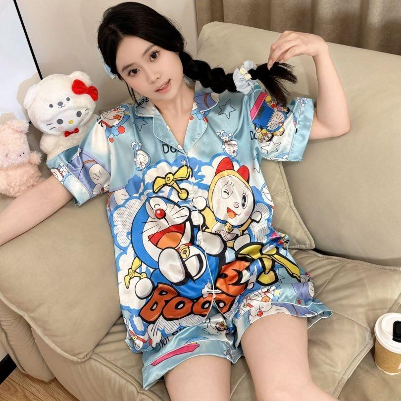 รูปแบบการ์ตูนเซ็ทชุดนอนชุดนอนลายการ์ตูนชุดนอนผู้หญิงชุดนอนสไตล์ผู้หญิงชุดนอนเเขนสั้น Women เสื้อผ้า Sleepwear กางเกง ซาต