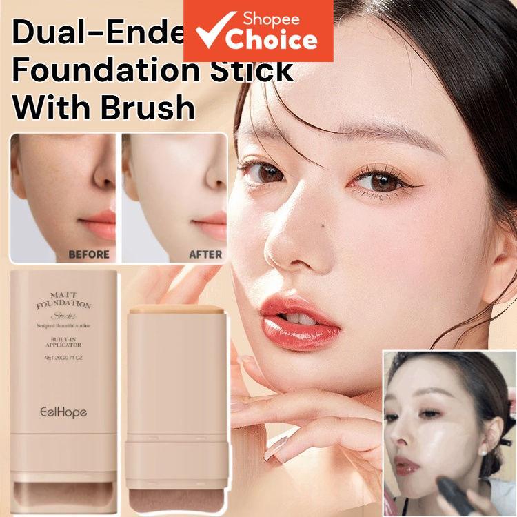 Dual-Ended Foundation Stick พร้อมแปรงติดทนนาน Moisturizing กันน้ํา Sweatproof ธรรมชาติไม่มีเค้กคอนซี