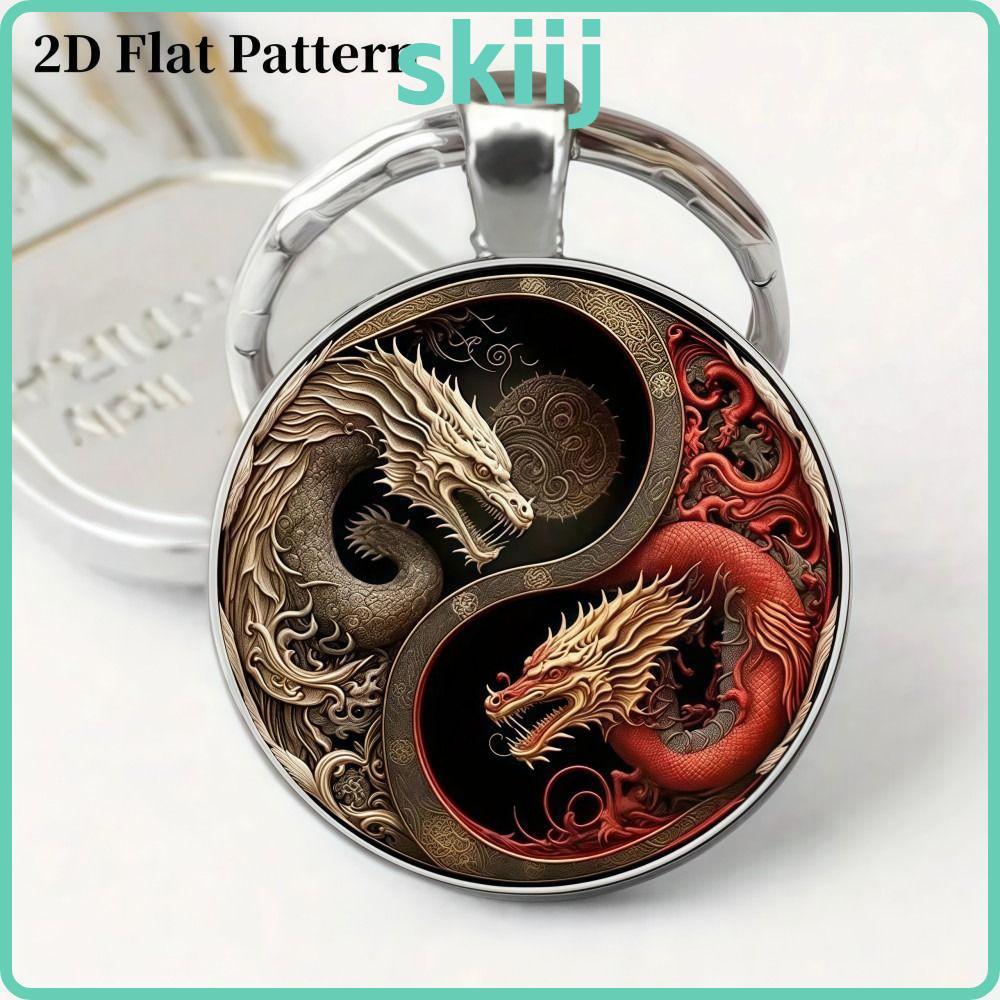 SKIIJ Yin Yang Dragon พวงกุญแจ, โลหะผสมคลาสสิกจี้โลหะ, การออกแบบมังกรสีแดงสีขาวมีสไตล์ Vintage Delic