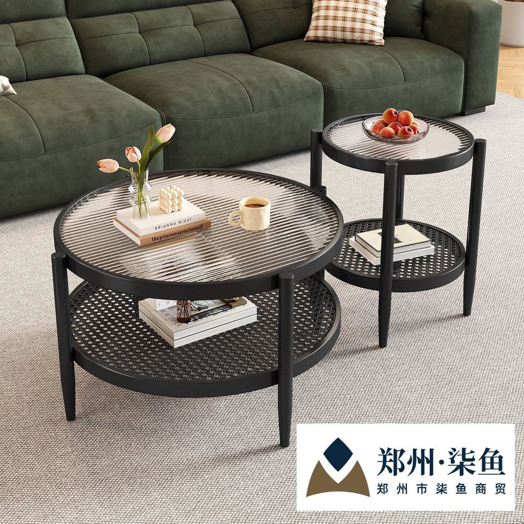 โต๊ะกาแฟพาร์ทเมนท์ขนาดเล็กครัวเรือนหวายโต๊ะกาแฟแก้วคู่ห้องนั่งเล่นนอร์ดิกรอบยาวสายรุ้งสไตล์ญี่ปุ่นที