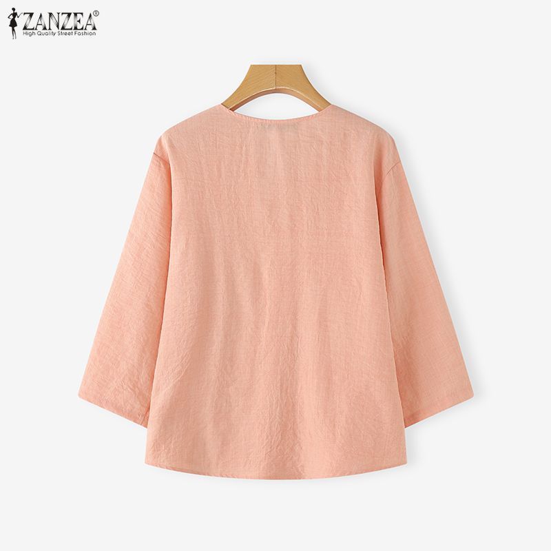 ZANZEA เสื้อลายแพตช์เวิร์คและรัฟเฟิล สไตล์เกาหลีสำหรับผู้หญิง มีปุ่มด้านหน้า แขนสั้น 3/4 — صورة 8