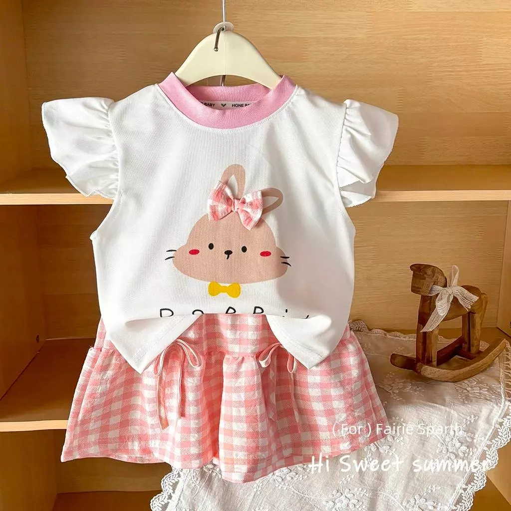 MooDeng Baby ชุดเซต เด็กหญิง แขนระบบาย ลายกระต่าย คอกลม กางเกงขาสั้น ลายสก๊อต thumbnail 3