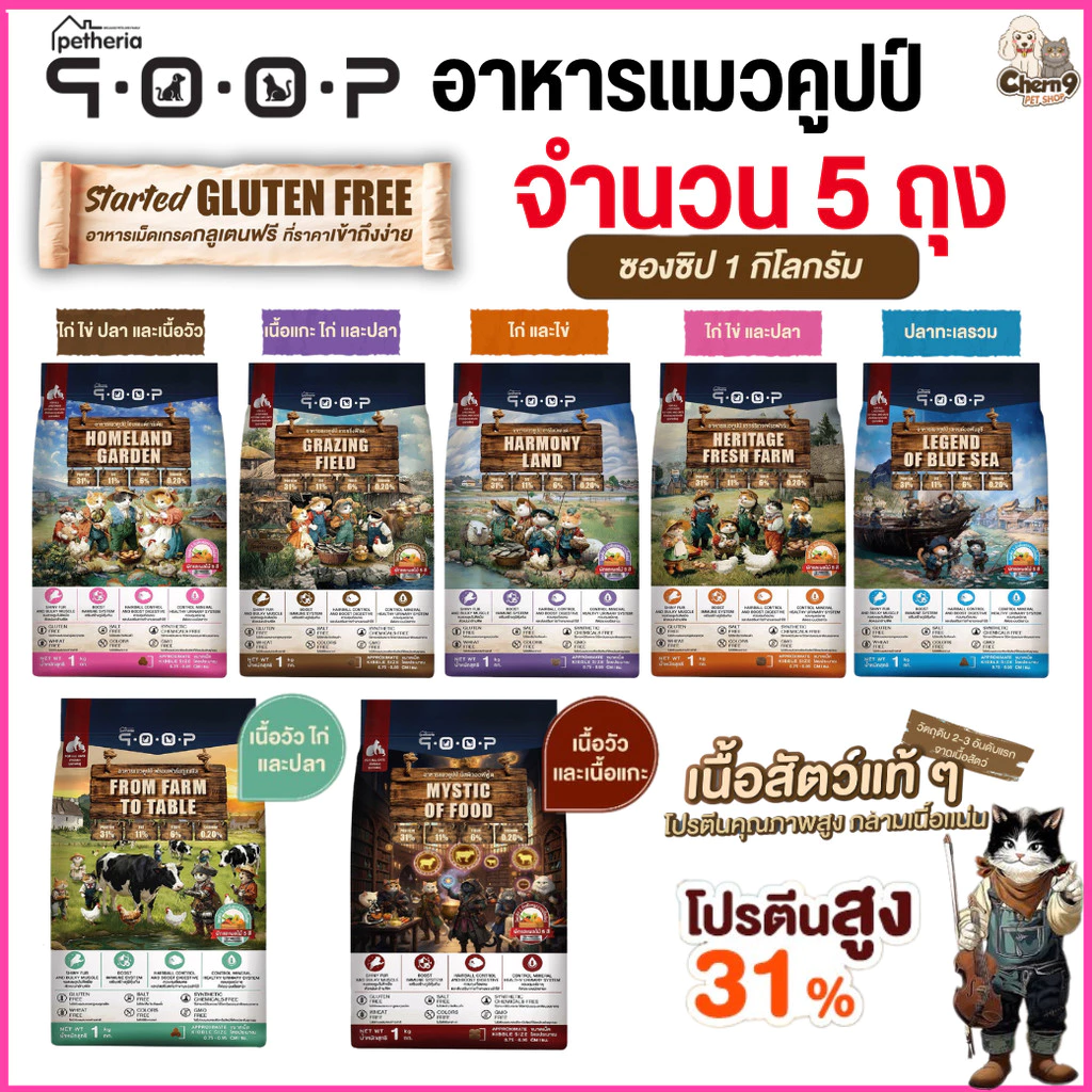 [ 5 ถุง ] อาหารแมวคูปป์ qoop By petheria กลูเต็นฟรี โปรตีน 31% ไม่เค็ม เกรดพรีเมียม