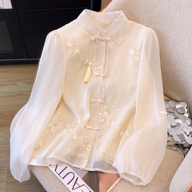 T อารมณ์จีน tw เสื้อม้าปุ่มปักคอปกด้านบนผู้หญิงกระโปรงแผ่นเกาหลี Retro ใหม่ฤดูใบไม้ผลิด้านข้างสไตล์จ