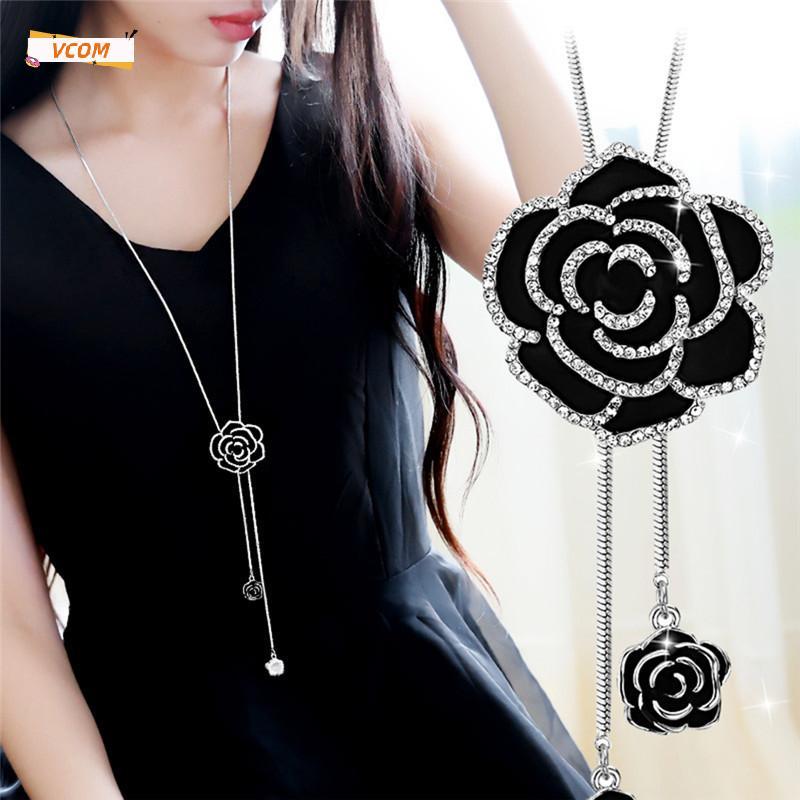 สร้อยคอจี้ยาวดอกกุหลาบสีดำ VCOM สร้อยคอสร้อยคอคริสตัลคริสตัลสำหรับผู้หญิงของขวัญ DDC