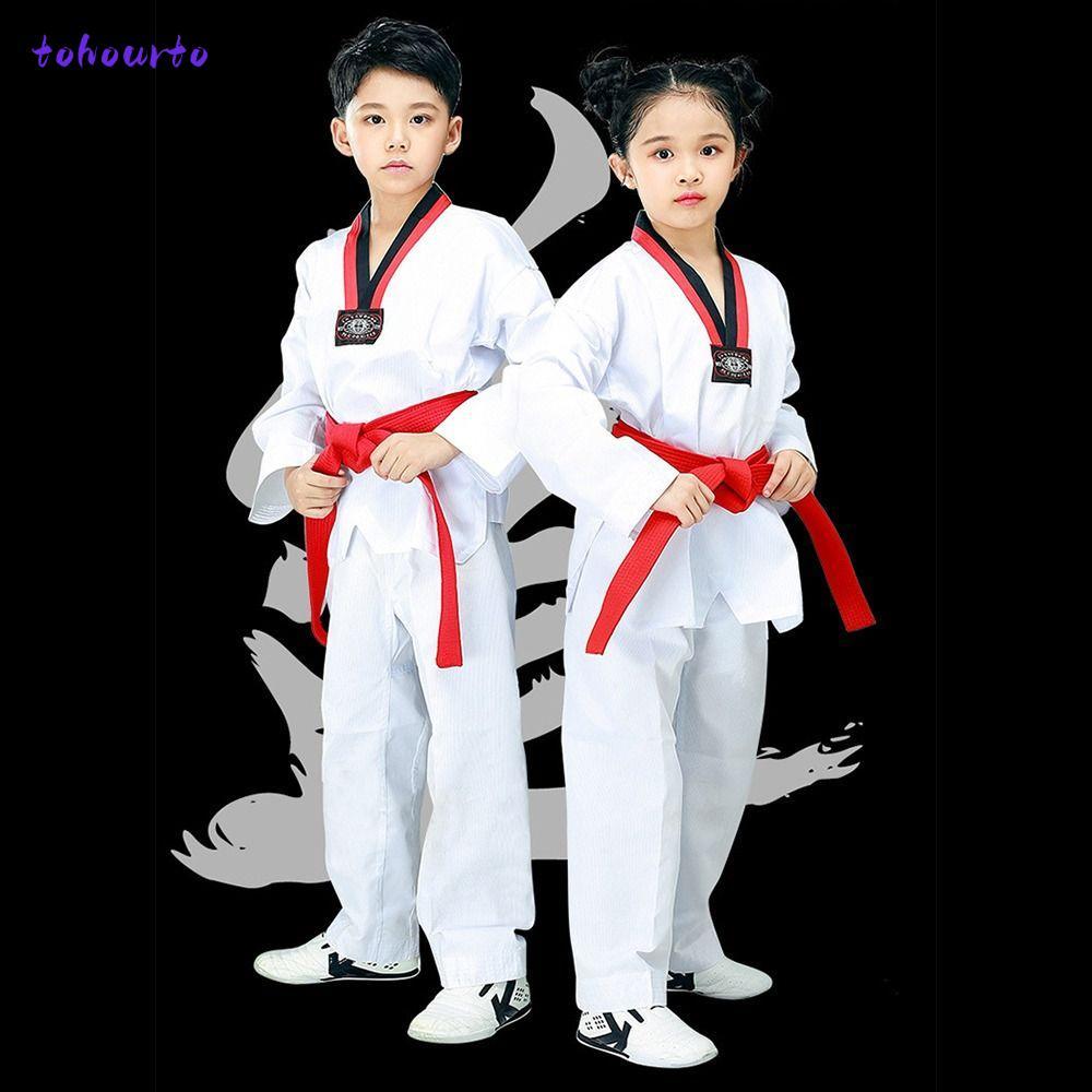 TOHOURTO เด็ก TKD เครื่องแต่งกาย,ผ้าฝ้ายสีขาวเทควันโดเครื่องแบบ, แฟชั่นแขนยาว V คอ Breathable WTF คา