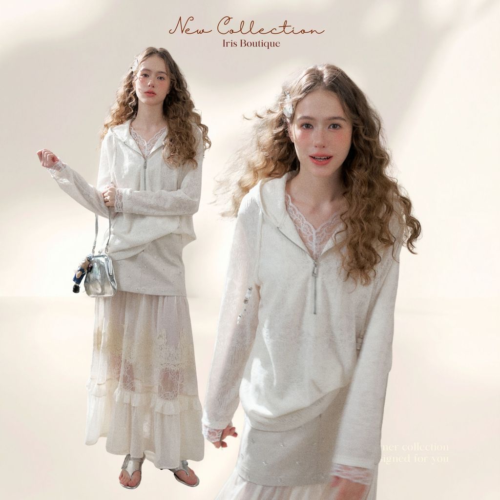[พร้อมส่งS,M]Original Design IRIS BOUTIQUE 26ss TrimsIS73818_white-IK73839Lace Whisper Set เสื้อฮู้ดผ้านุ่ม