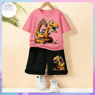ชุดเสื้อ+กางเกงขาสั้นเด็กชาย ลายไดโนเสาร์รูปรถขุดสีเหลือง สไตล์เท่ห์ๆ คุณภาพดี ใส่สบาย