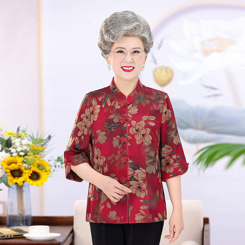 Old Lady's Summer Clothing Shirt Mom's Summer Shirt 60-Year-Old 70 Old Lady's 3/4 Sleeve Old Lady's 