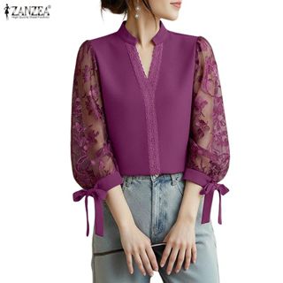 ZANZEA เสื้อลูกไม้พิมพ์สำหรับผู้หญิง ออกแบบหรูหรา มีดีไซน์ V…