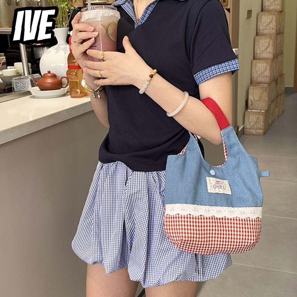 IVEYOUNG Tote Bags, INS Sweet Lace Denim Plaid Handbag, Korean Canvas Commuting Bags