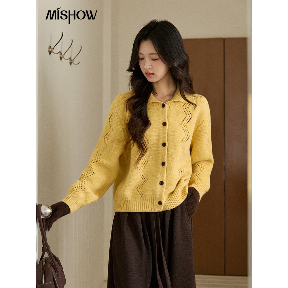 MISHOW เสื้อคาร์ดิแกนลายตาข่ายสำหรับผู้หญิง สีเหลือง ปี 2025 พร้อมปกและกระดุมเดียว oversize