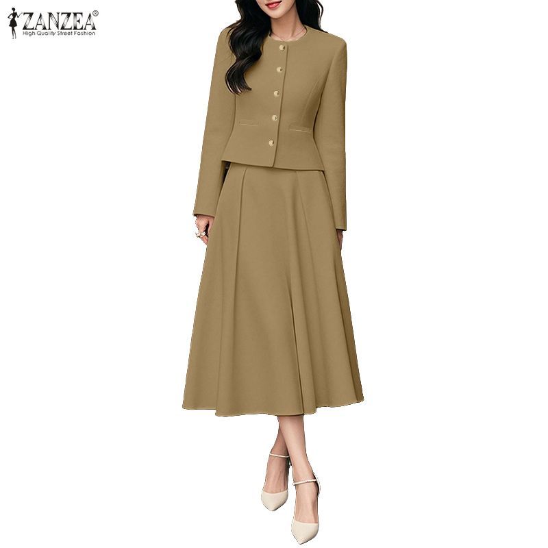 ZANZEA ผู้หญิงเกาหลี Elegant Office OL คอกลมแขนยาวกลับเอวยางยืด A-Line ชุดสองชิ้น — صورة 6
