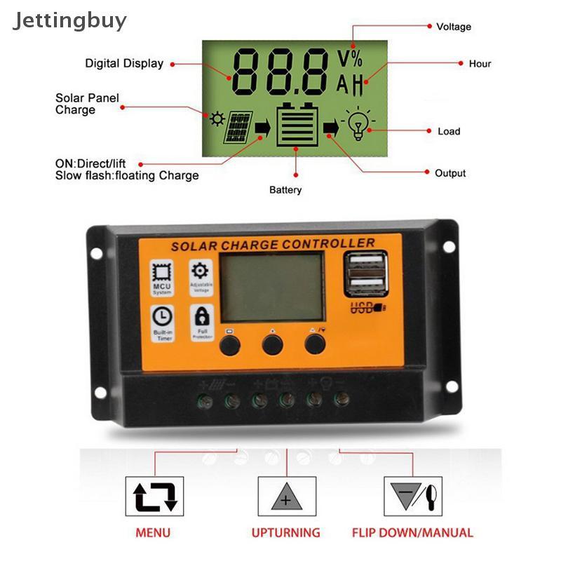 [Jettingbuy] ตัวควบคุมพลังงานแสงอาทิตย์ LCD 12V/24V 30A 20A 10A ตัวควบคุมการชาร์จพลังงานแสงอาทิตย์ PWM เครื่องชาร์จแบตเตอรี่จอแสดงผล LCD Dual USB 5V 2.5A เอาต์พุต MOS สต็อกใหม่
