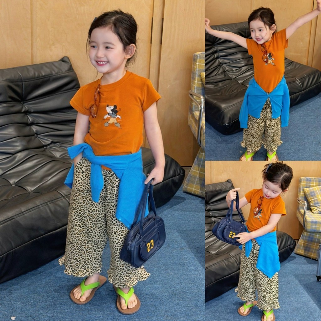 PRETTY BABY เสื้อยืดเด็ก เสื้อคอกลม ลายการ์ตูน กางเกงขายาวเด็ก ลายเสือ แต่งระบาย แฟชั่นเด็กผู้หญิง (2030)