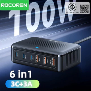 Rocoren Desktop USB Charger Type C 200W Fast Charging สถานีไฟฟ้าแบบพกพา 100W Multi Ports Charger สําหรับ iPhone Samsung