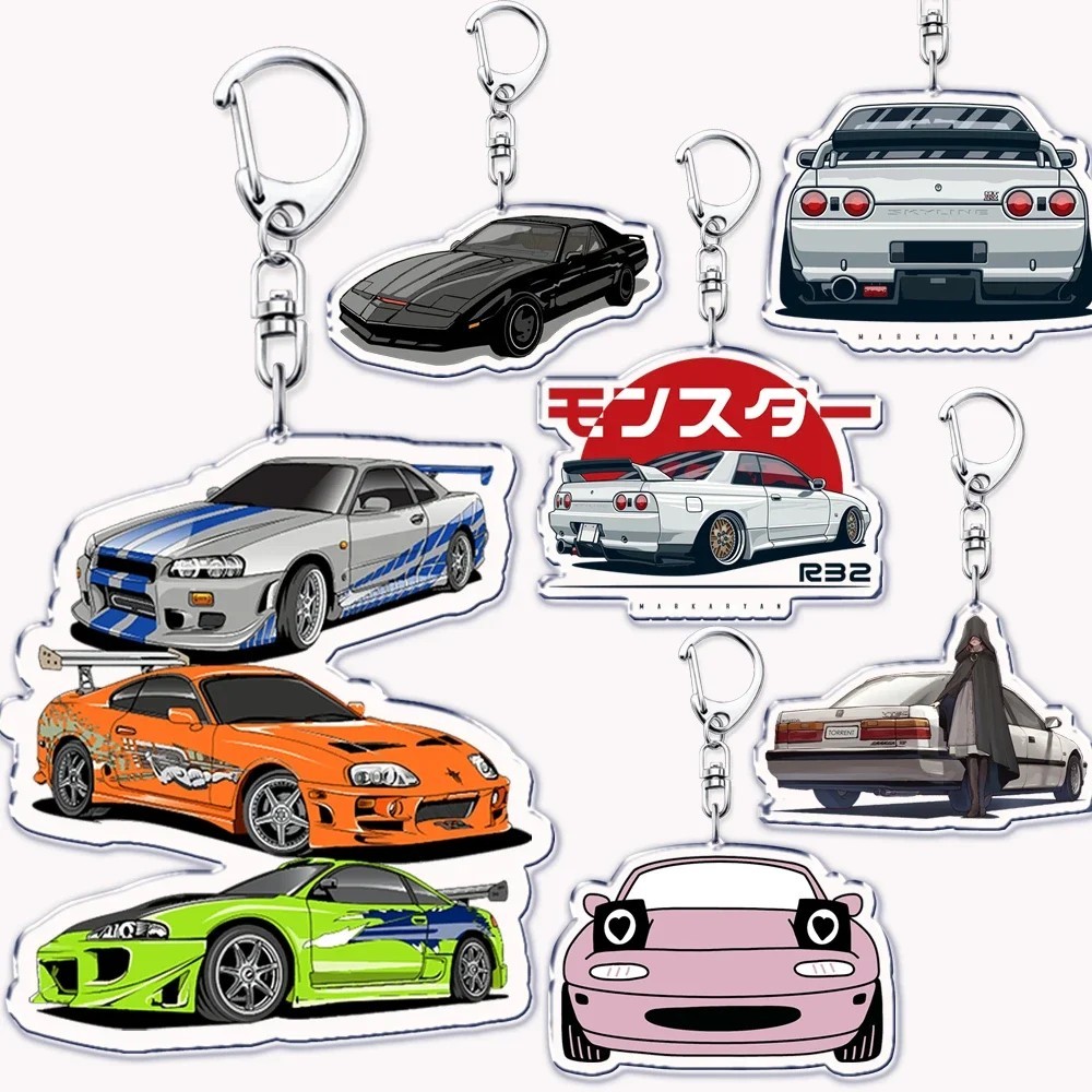 JDM พวงกุญแจรถแข่ง โมเดลรถญี่ปุ่น Skyline R34 Supra Miata อุปกรณ์ตกแต่งสําหรับกระเป๋าและเป้สะพายหลัง