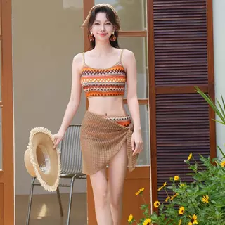 Retro ชุดว่ายน้ําสุภาพสตรีชุดว่ายน้ําชุดสี่ชิ้นผ้าถักผ้าพันคอ Soft Com #KJS176